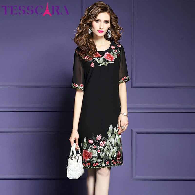 TESSCARA Women Summer Luxury Floral Embroidery Dress Female Elegant Cocktail Vestidos Retro Party Robe Femme Sundress