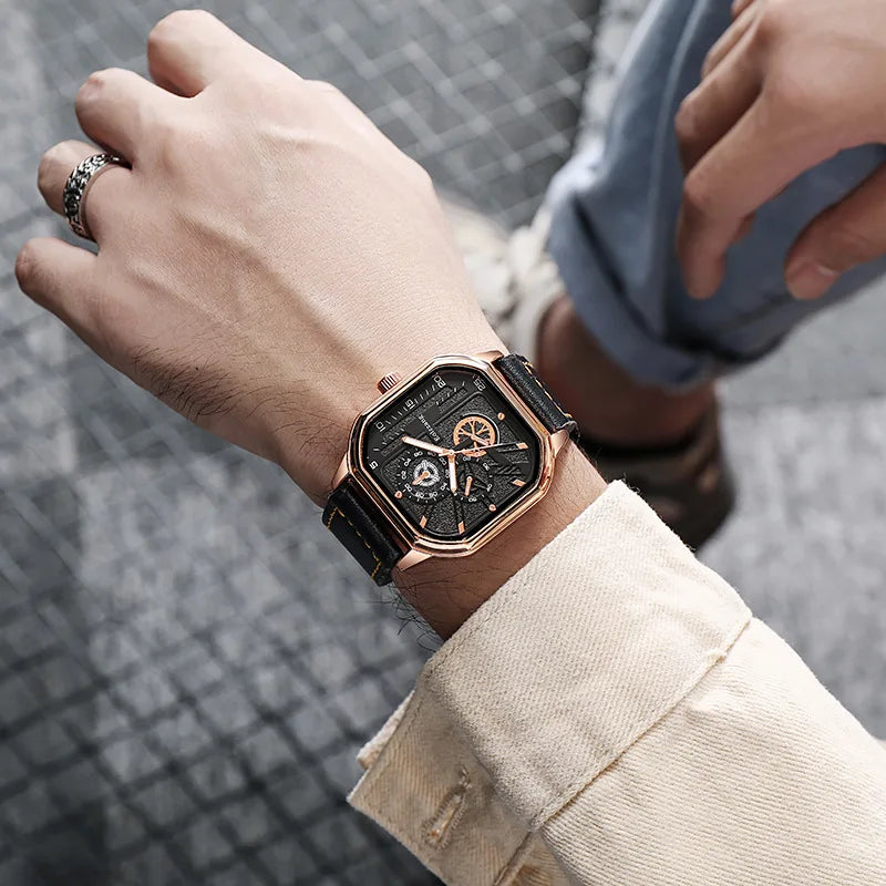 YIKAZE Alloy Men Quartz Watches Leather Strap Big Dial Student Square Sports Watch Cool Black Men's Watch Waterproof Wristwatch