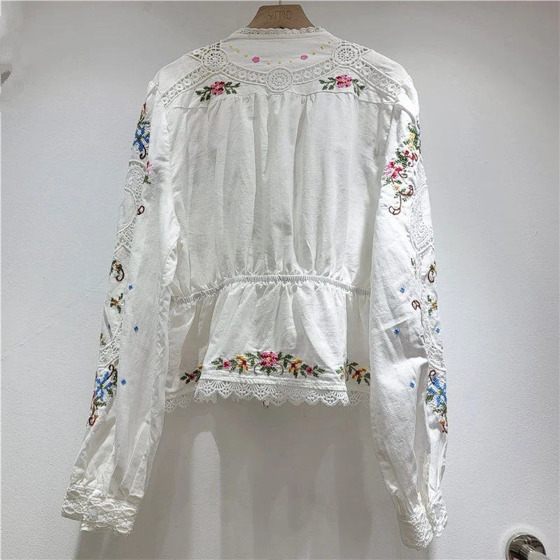 DEAT Women's Shirt Loose Patchwork Lace Flower Embroidery Hollow-out Lace-up Ethnic Style Blouse Spring 2026 New Spring 29A6339