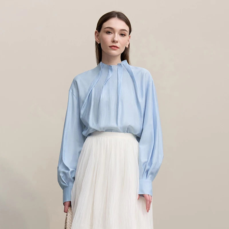 Amii Women Shirt 2026 Spring New Elegant Commuter Pleated Chiffon Shirt Women's Stand Collar Drop Shoulder-sleeved Top 12641074