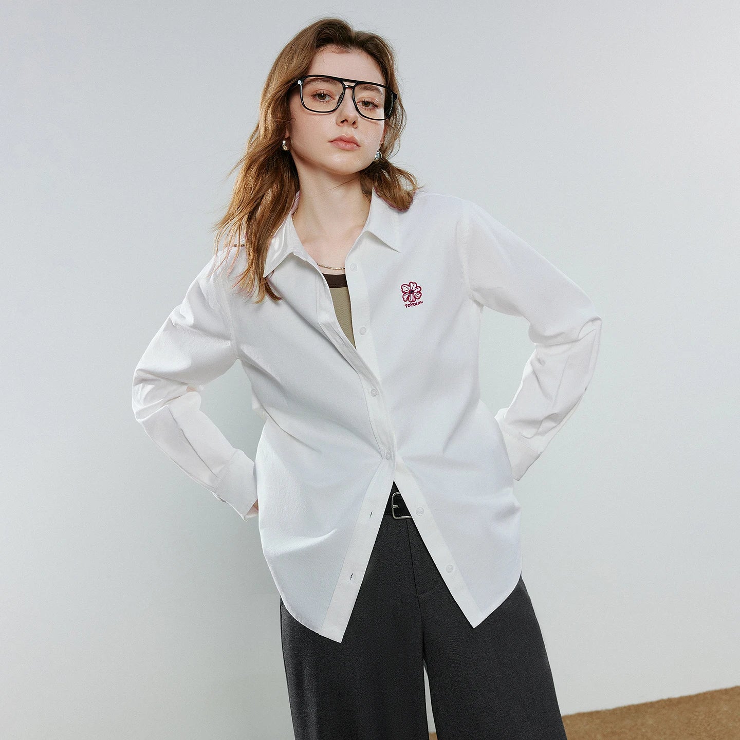 TOYOUTH Women Cotton Cavalry Twill Shirts 2026 Spring New Long-Sleeve Meconopsis Embroidered Blouses