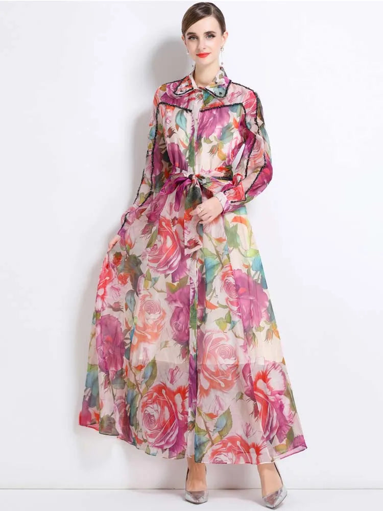 Luxury Women's Floral print Beading X-long dress with sashes Bohemian style Long sleeve shirt dresses 2026 New Spring 5D250