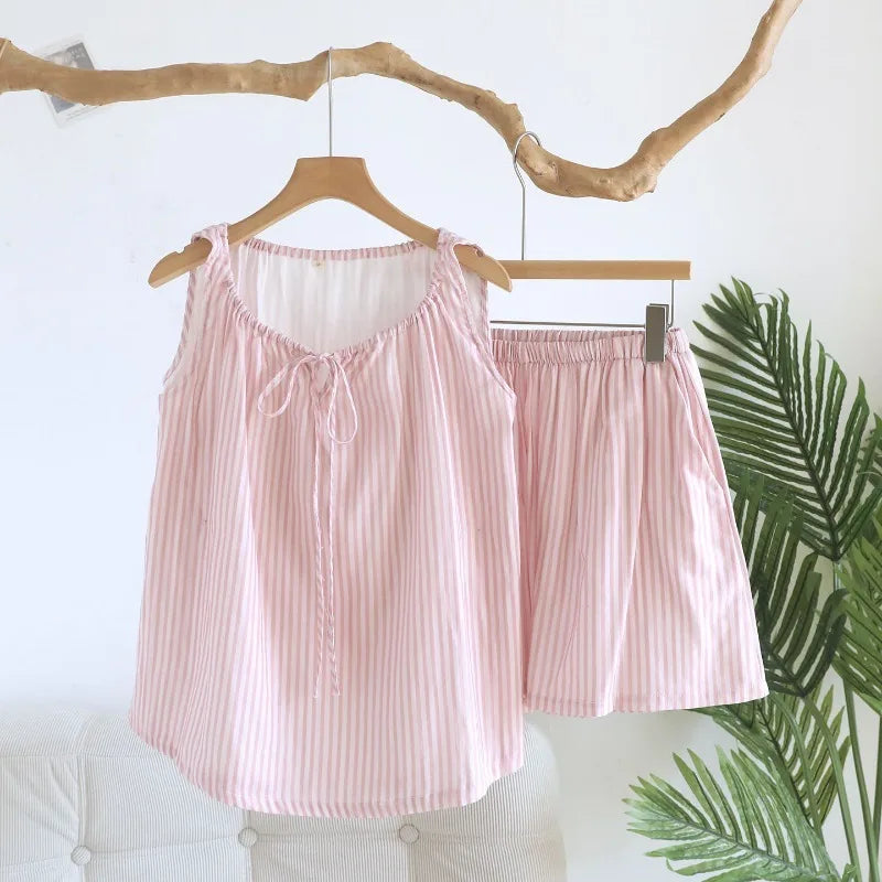 2026 Summer New Women's Pajama Set 100% Cotton Gauze Tank Top+Shorts Thin Bow Vertical Strip Home Clothes Sleepwear