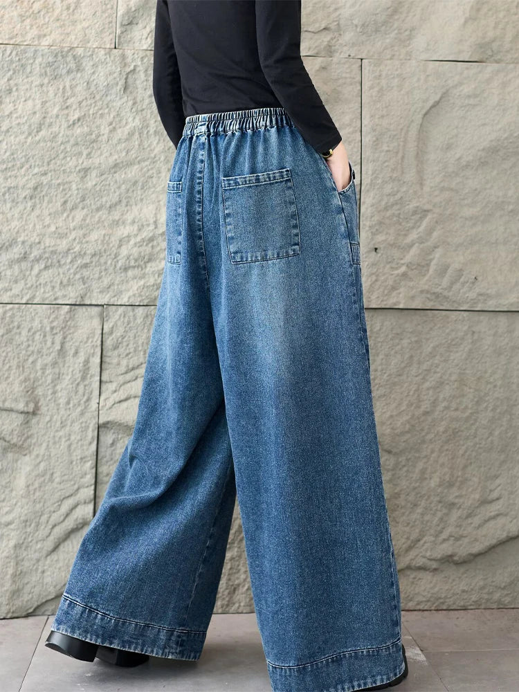 Amax LuluE 2026 Spring Fashion Classic Denim Pants Ladies Vintage Soild Casual Jeans Women Loose Elastic Waist Wide Leg Trousers