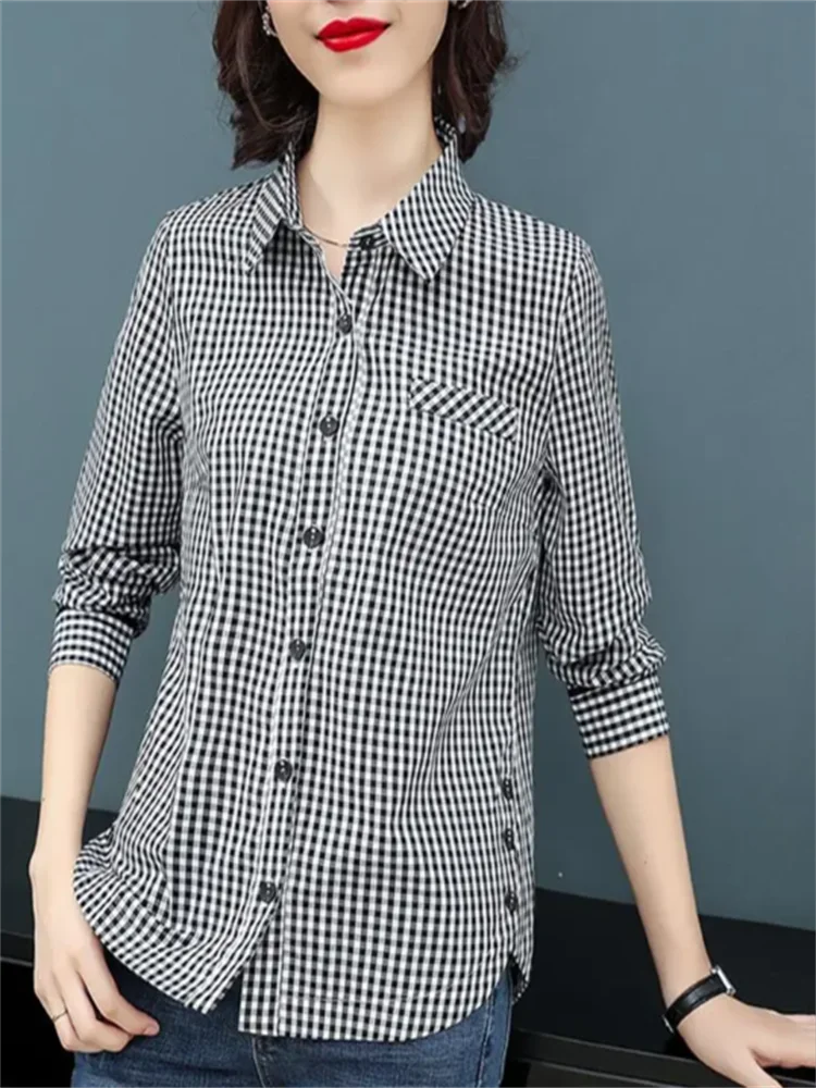 Pure Cotton Checked Shirt For Women Blouse Loose Fashionable Spring Autumn Women Shirts OL Cardigan Button Up Female Blous