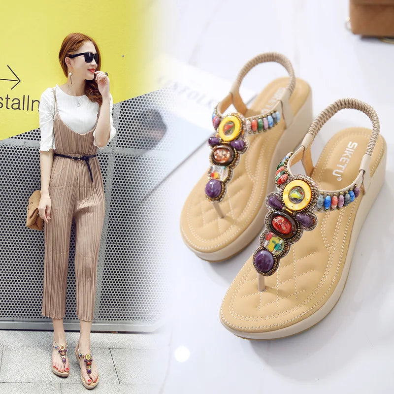 Plus Size Shoes for Women 35-42 Platform Sandals Summer Fashion Bohemia Flats Beaded Soft Open Toe Wedges Women Sandals