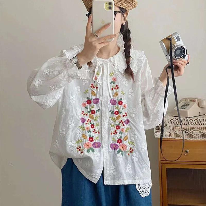 Japanese vintage clothing peter pan collar flower embroidery white beige shirts girls cute cotton blouses sweet lolita clothing