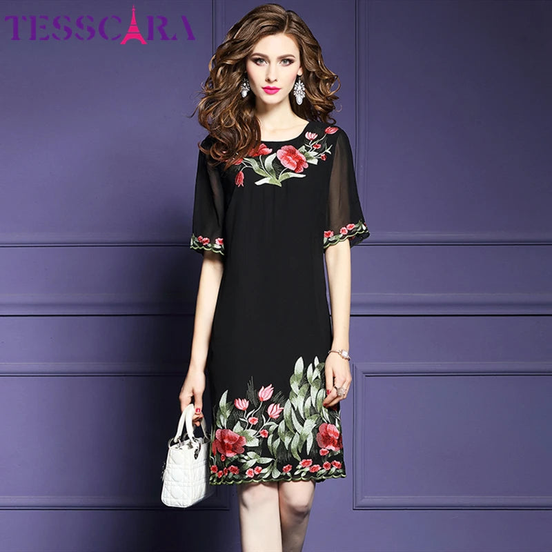 TESSCARA Women Summer Luxury Floral Embroidery Dress Female Elegant Cocktail Vestidos Retro Party Robe Femme Sundress