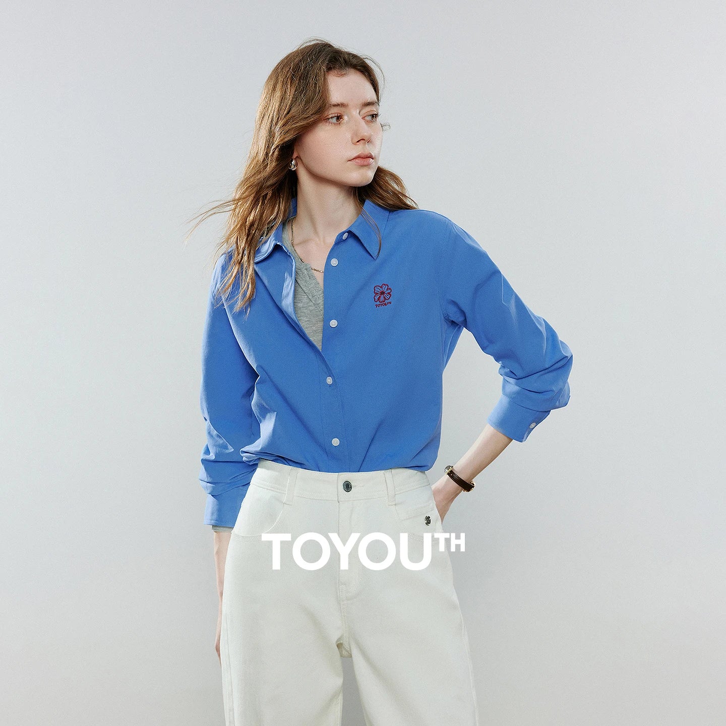 TOYOUTH Women Cotton Cavalry Twill Shirts 2026 Spring New Long-Sleeve Meconopsis Embroidered Blouses