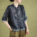 Ele Embroidered ort Sve Women's irt Patchwork Ogees Cotton V-ne Loose Fit Summer New Sle Commute Sle