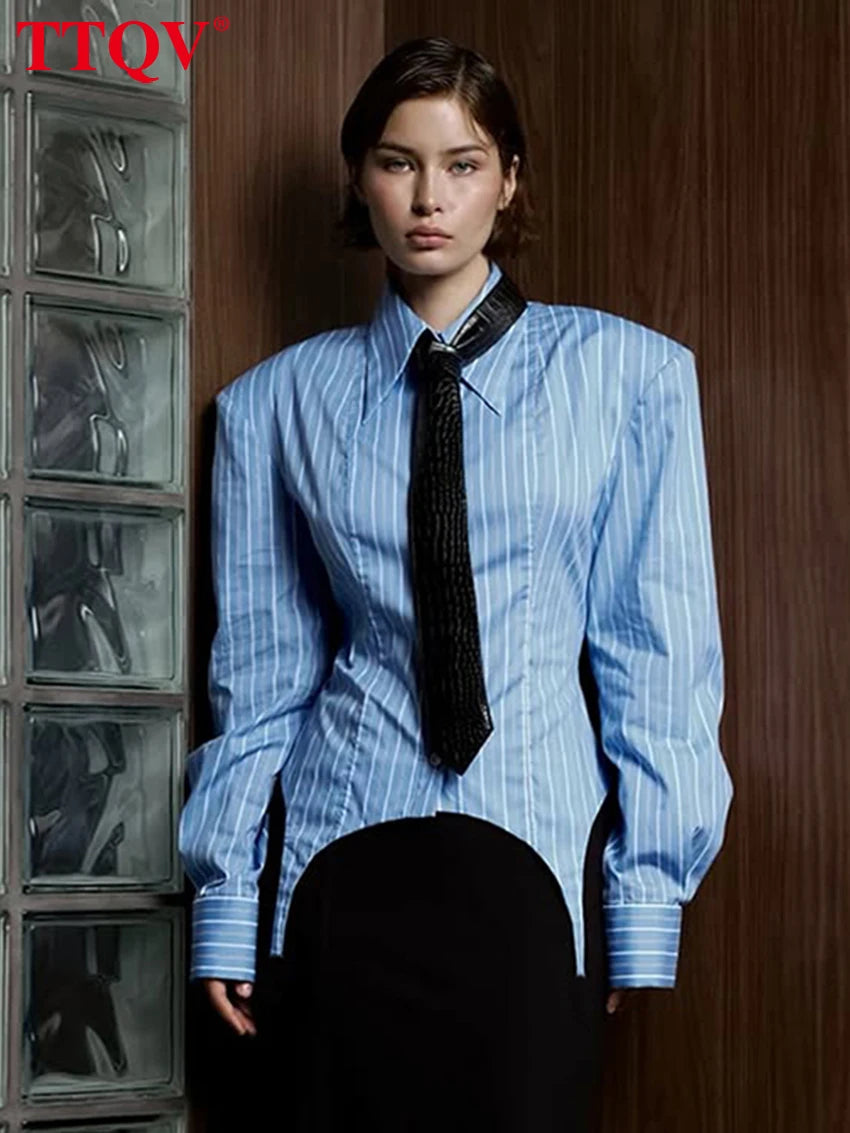 TTQV Fashion Loose Stripe Print Women's Blouse 2026 Casual Lapel Long Sleeve Lady Shirts Elegant Classic Top Female Clothing