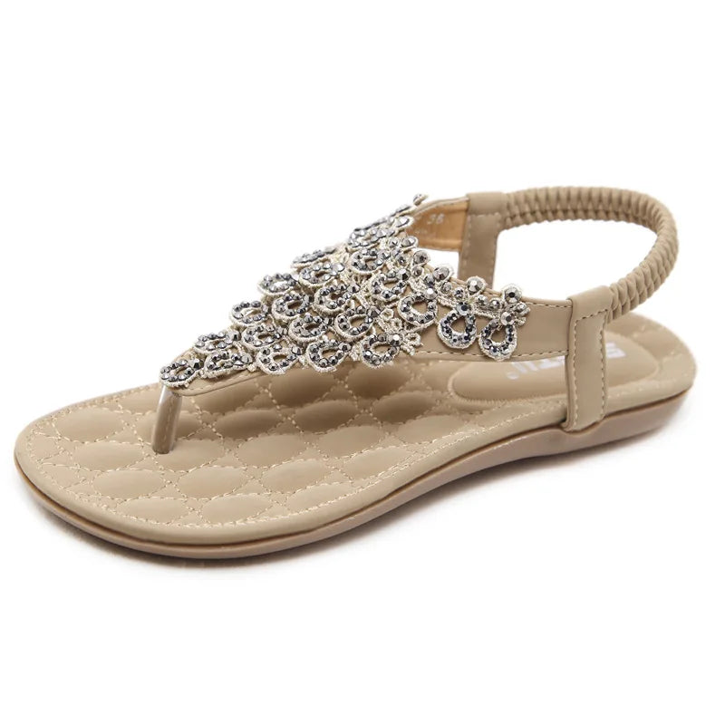 Comfort Flat Heel Sandals Women Large Size42 2025 Summer Shoes Woman's Bohemia Flowers Rhinestone Beach Ladies Shoes Sandalias