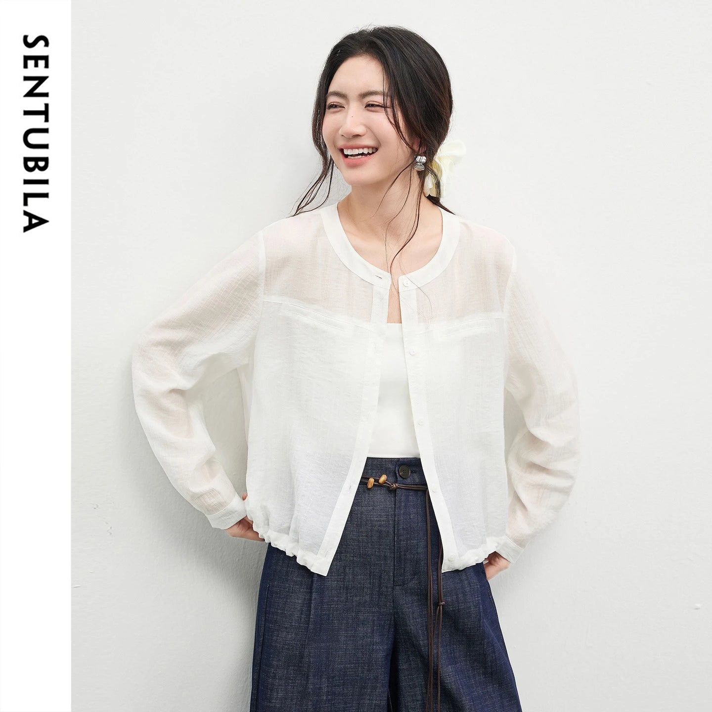SENTUBILA Women's Oversized Lyocell Shirt 2026 Spring Summer Round Neck Long Sleeve Drawstring Sheer Casual Top 161WB5014