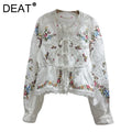 DEAT Women's Shirt Loose Patchwork Lace Flower Embroidery Hollow-out Lace-up Ethnic Style Blouse Spring 2026 New Spring 29A6339
