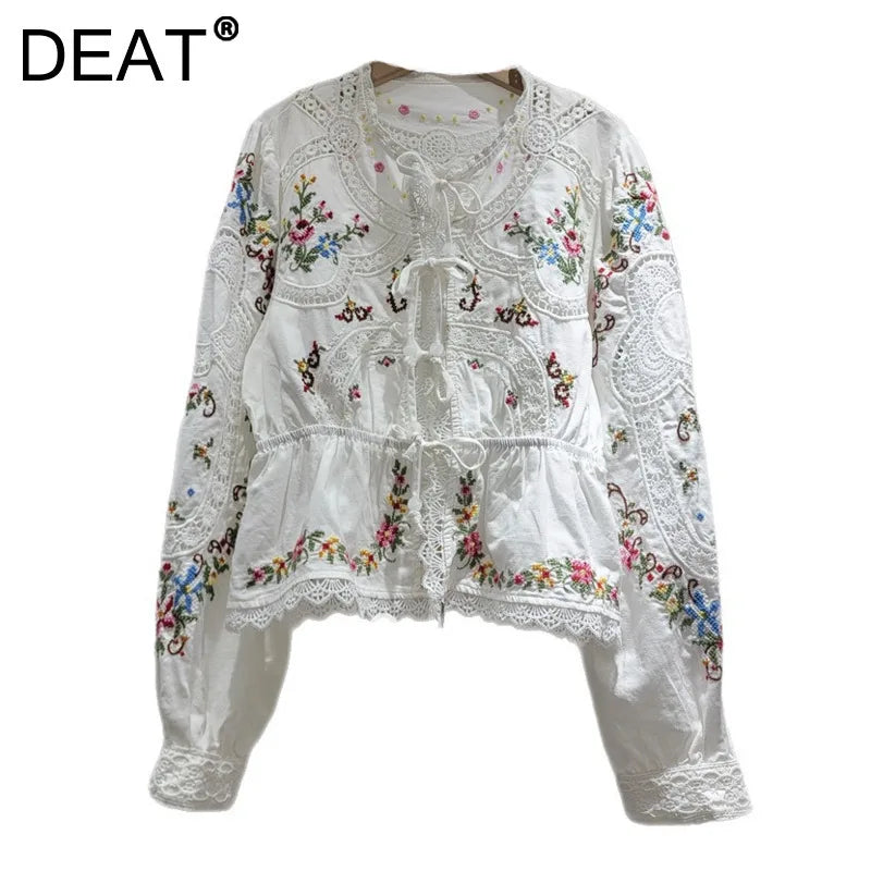 DEAT Women's Shirt Loose Patchwork Lace Flower Embroidery Hollow-out Lace-up Ethnic Style Blouse Spring 2026 New Spring 29A6339