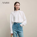 Amii Women Shirt 2026 Spring New Elegant Commuter Pleated Chiffon Shirt Women's Stand Collar Drop Shoulder-sleeved Top 12641074