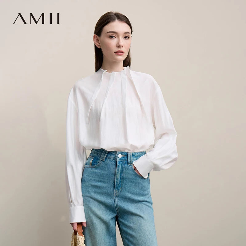 Amii Women Shirt 2026 Spring New Elegant Commuter Pleated Chiffon Shirt Women's Stand Collar Drop Shoulder-sleeved Top 12641074