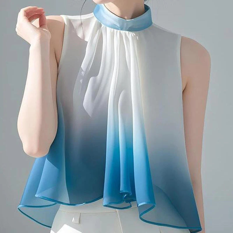French Style Summer Vest Tops For Women Sleeveless Chiffon Blouse Stand Collar Gradient Color Casual Loose Shirt