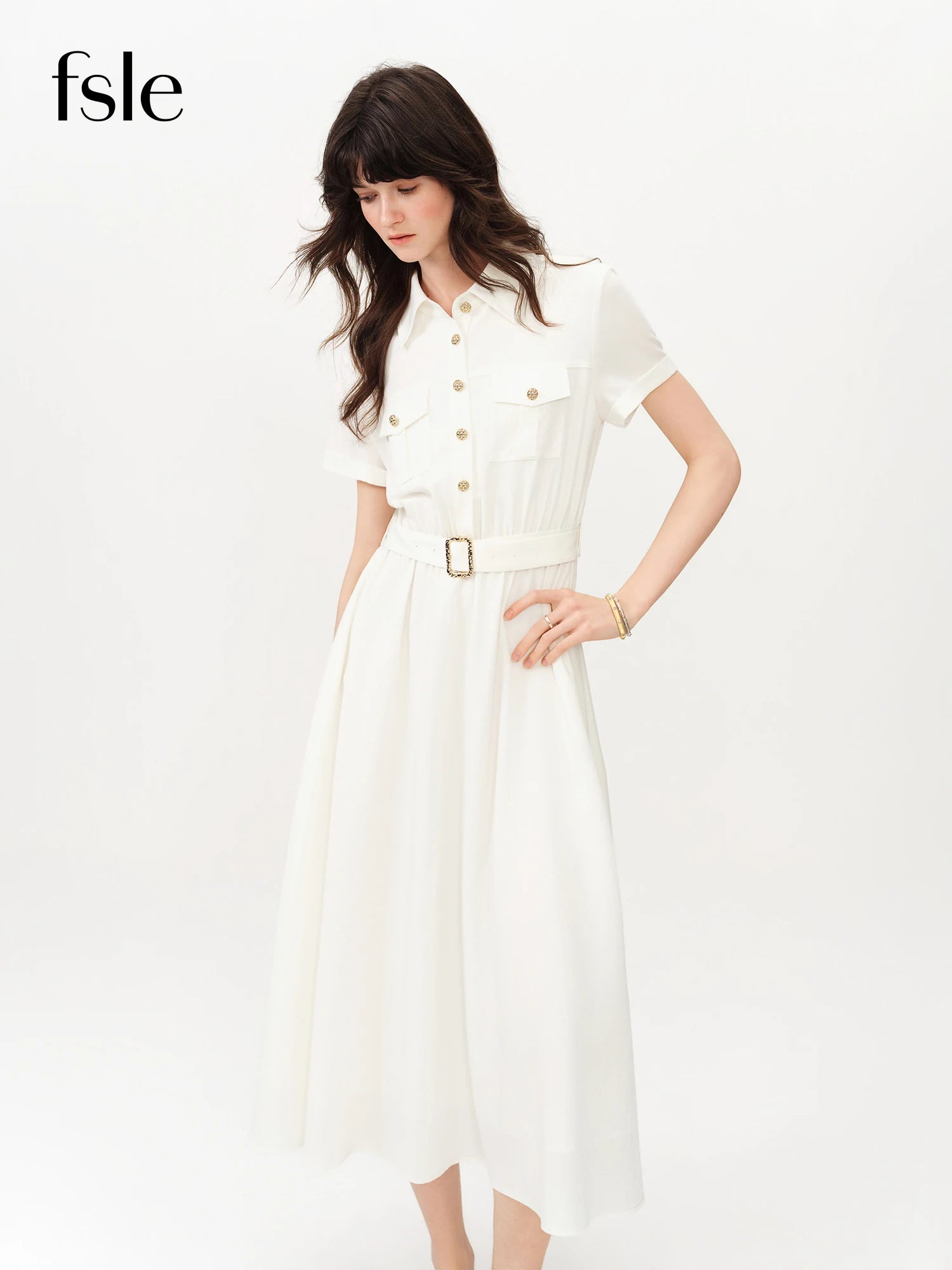 FSLE 2026 Summer Women's Sophisticated Linen Short Sleeve Dress - Classic A-Line Midi for Office Commute and Elegant Daily Wear