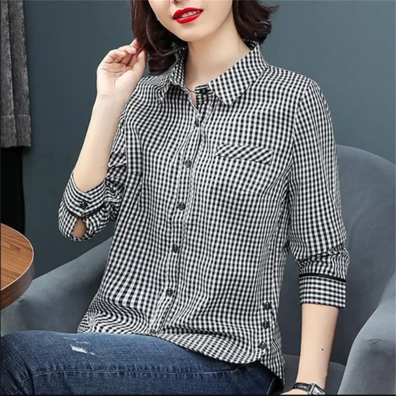 Pure Cotton Checked Shirt For Women Blouse Loose Fashionable Spring Autumn Women Shirts OL  Cardigan Button Up Female Blous
