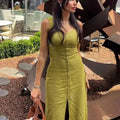 HH Women Summer Beach Party Midi Dress Sleeveless Single-breasted Square Collar Hem Slit Back Zipper Elegant Female Dress