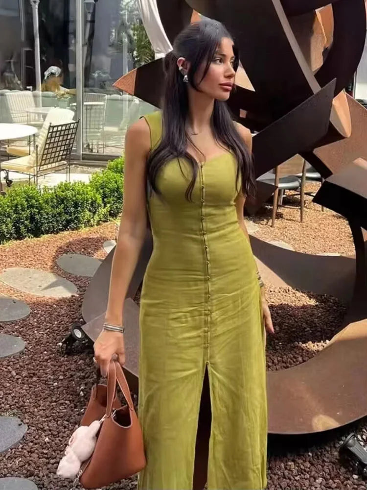 HH Women Summer Beach Party Midi Dress Sleeveless Single-breasted Square Collar Hem Slit Back Zipper Elegant Female Dress