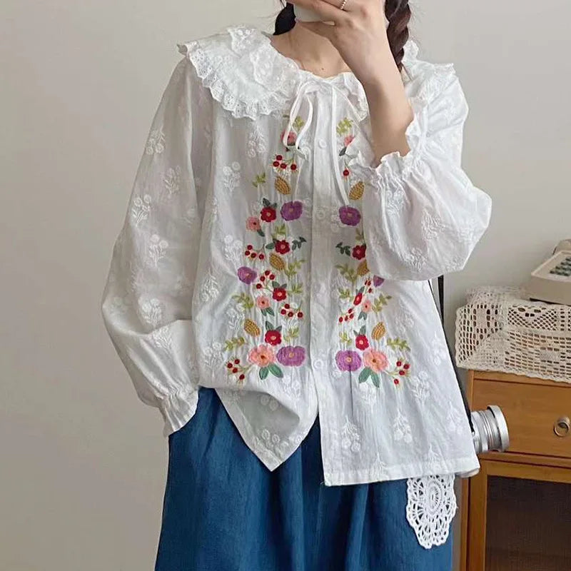Japanese vintage clothing peter pan collar flower embroidery white beige shirts girls cute cotton blouses sweet lolita clothing