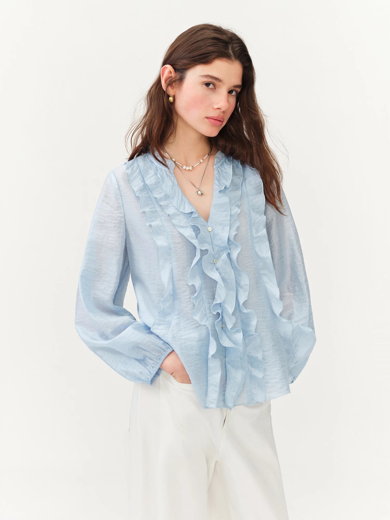 FSLE 2026 Summer New Women's French Style V-Neck Ruffle Blouse Lightweight Sheer Hem Top for Coquette Vacation Chic Daily Style
