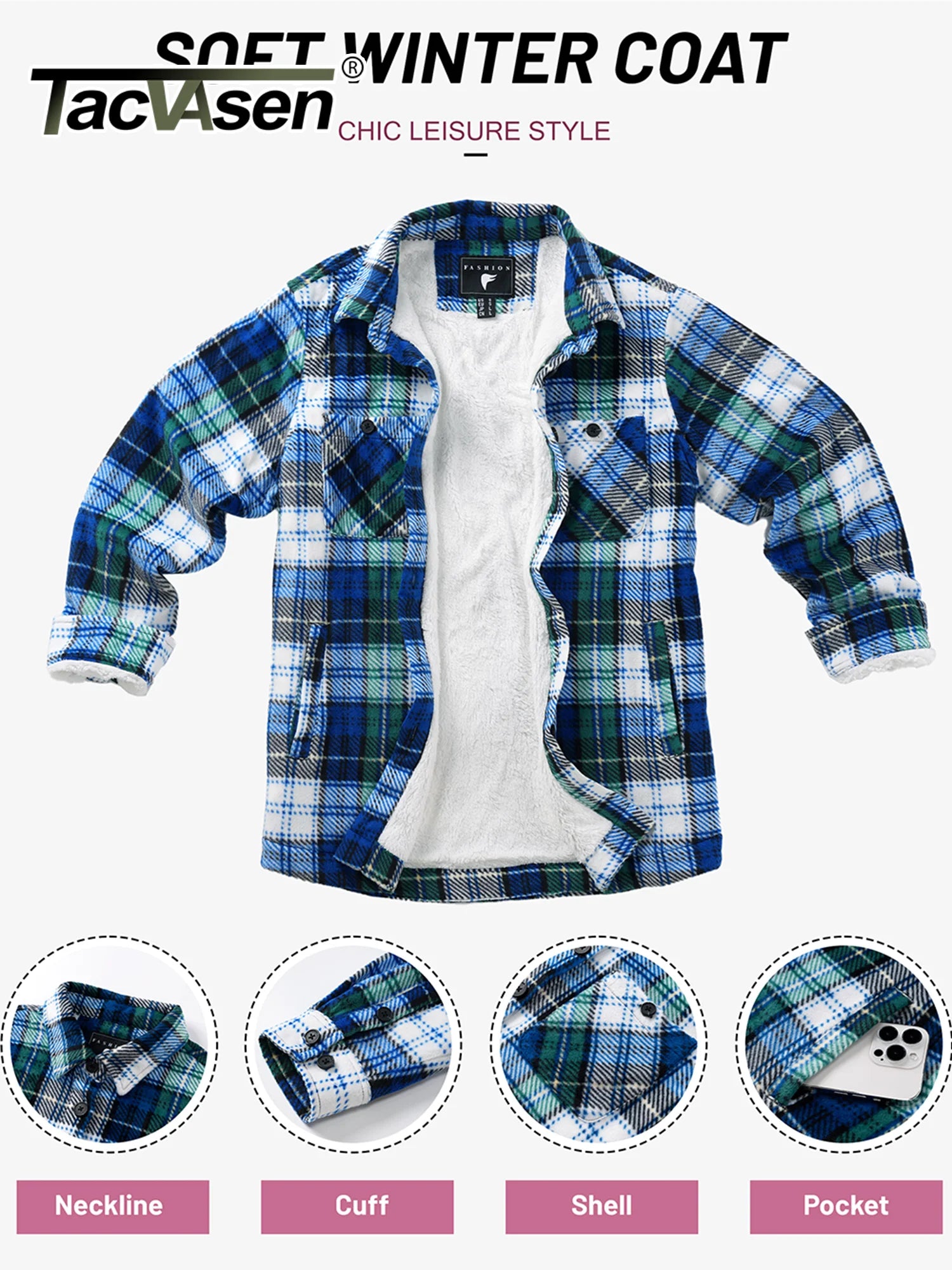TACVASEN Women's Sherpa Fleece Lined Plaid Flannel Jacket Warm Button Down Winter Flannel Shirt Jacket Coat with Pockets
