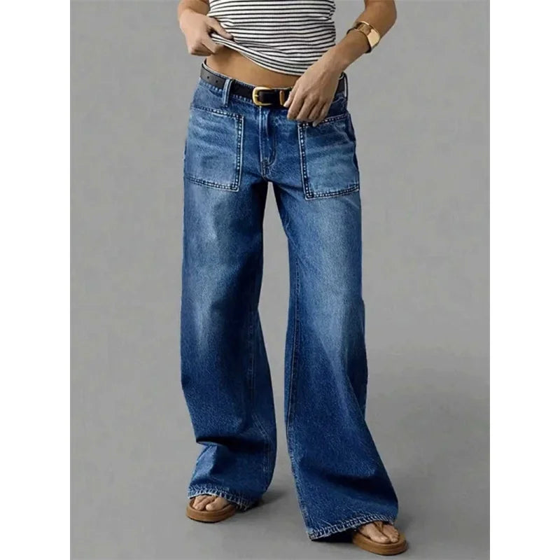 Women's Stretch Denim Jeans Elastic Straight Leg Wide Leg Casual Pants l Waist Cotton Elastic Denim Fabric Pure Color