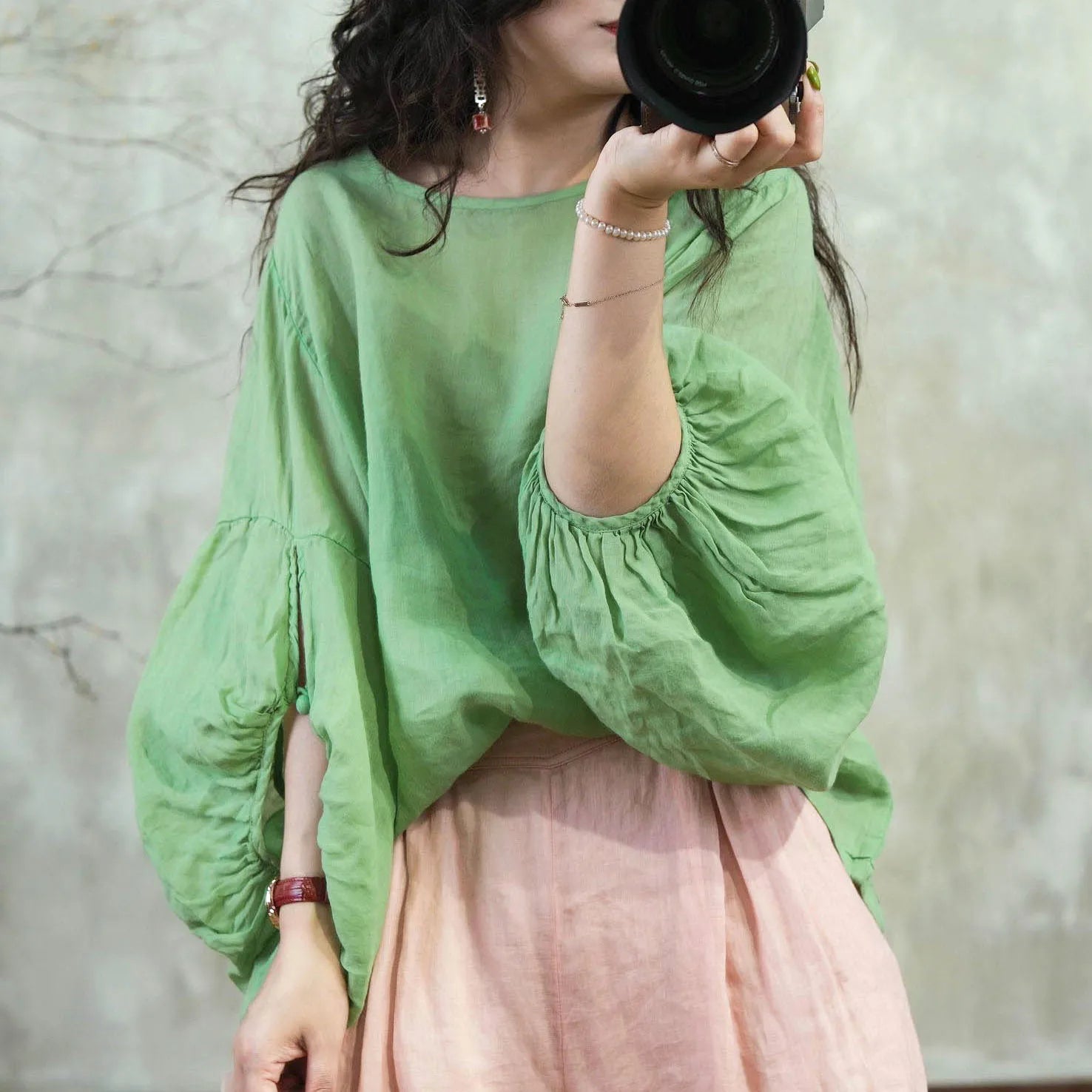 Sweet Pure Color Lantern Sve  Silk irt plus Size Women's Faionable Early Autumn Overhead Top Trendy