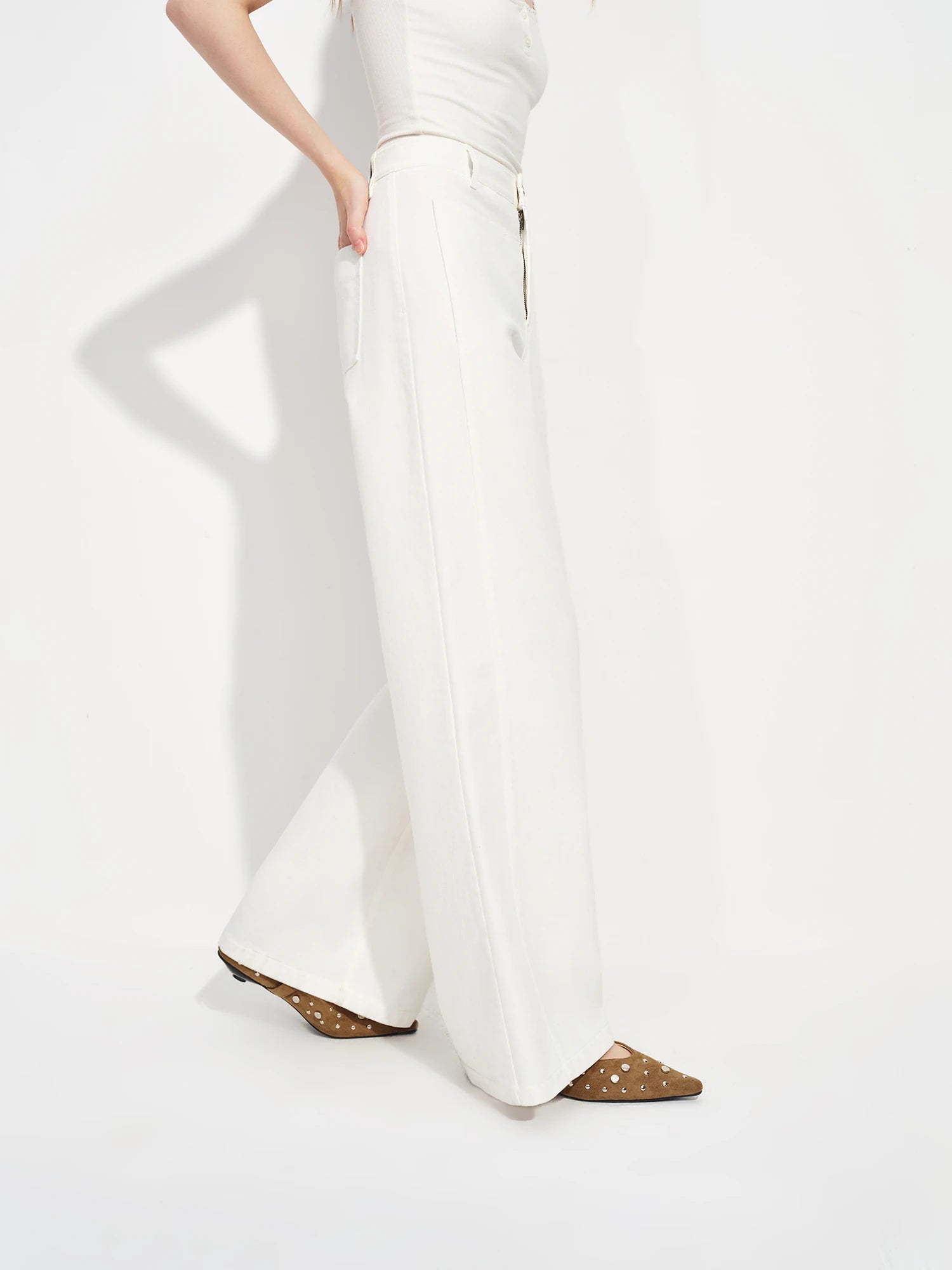 FSLE Women's Mid-waist Wide-leg Jeans Spring 2026 New Style Loose White Commuting All-match Basics Solid Simple Ins