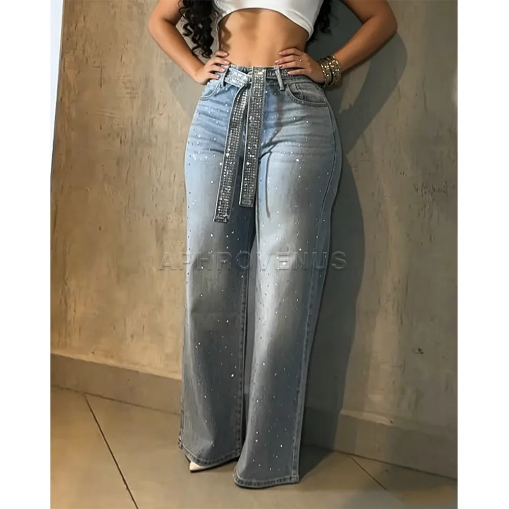 Fashion Women's Rhinestone Decor Straight Leg Jeans Pants Stylish Baggy Pants Y2k Streetwear Outfit Wide Leg Loose Jeans
