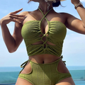 2026 Sexy High Wasited Swimsuit Women Solid Bikini Hollow Out Cross Swimwear Female Bathers Bathing Swimming Swim Suit Beachwear