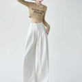White Thin Pleated High Waist Non-Light Wide Leg Jeans Women's American High-End Loose Straight Lazy Floor-Length Pants
