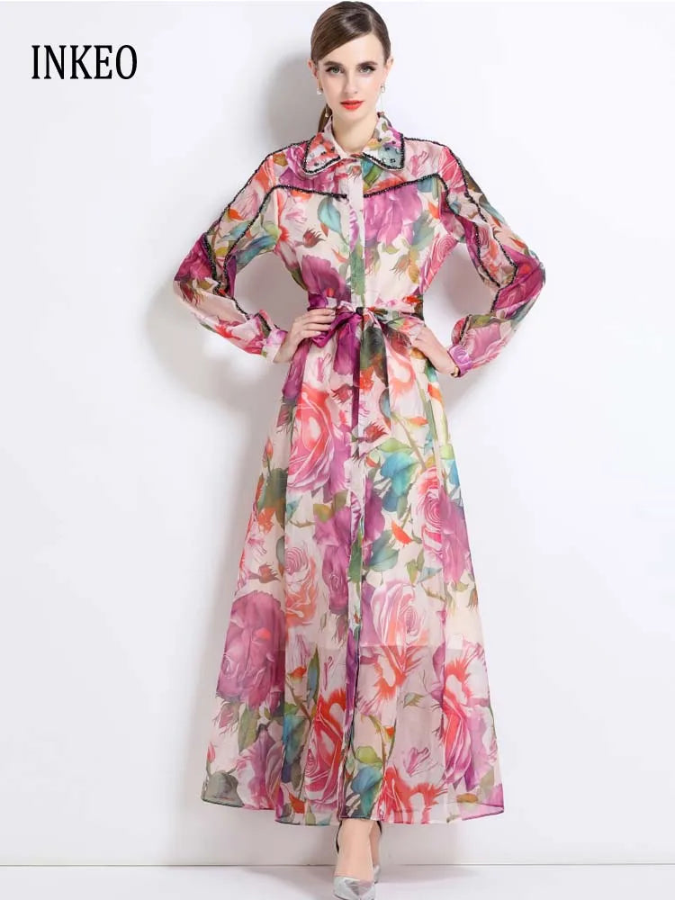 Luxury Women's Floral print Beading X-long dress with sashes Bohemian style Long sleeve shirt dresses 2026 New Spring 5D250