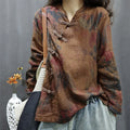 Autumn Winter Linen Print Casual ort Coat Loose Batwing Sve V Ne Button Double Layer Top Women's Faion Commute Sle