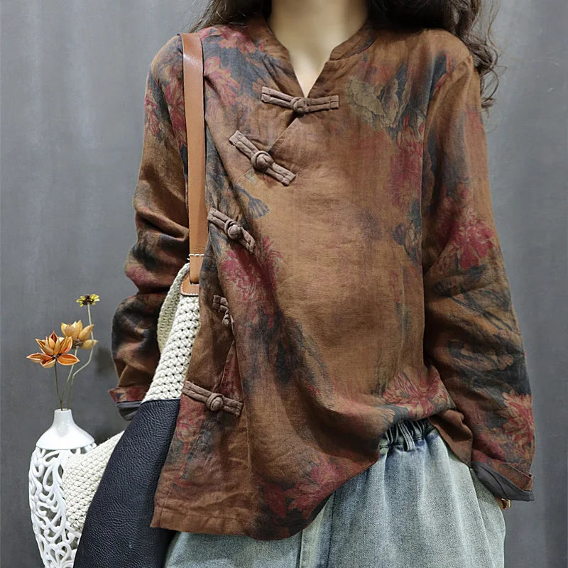 Autumn Winter Linen Print Casual ort Coat Loose Batwing Sve V Ne Button Double Layer Top Women's Faion Commute Sle