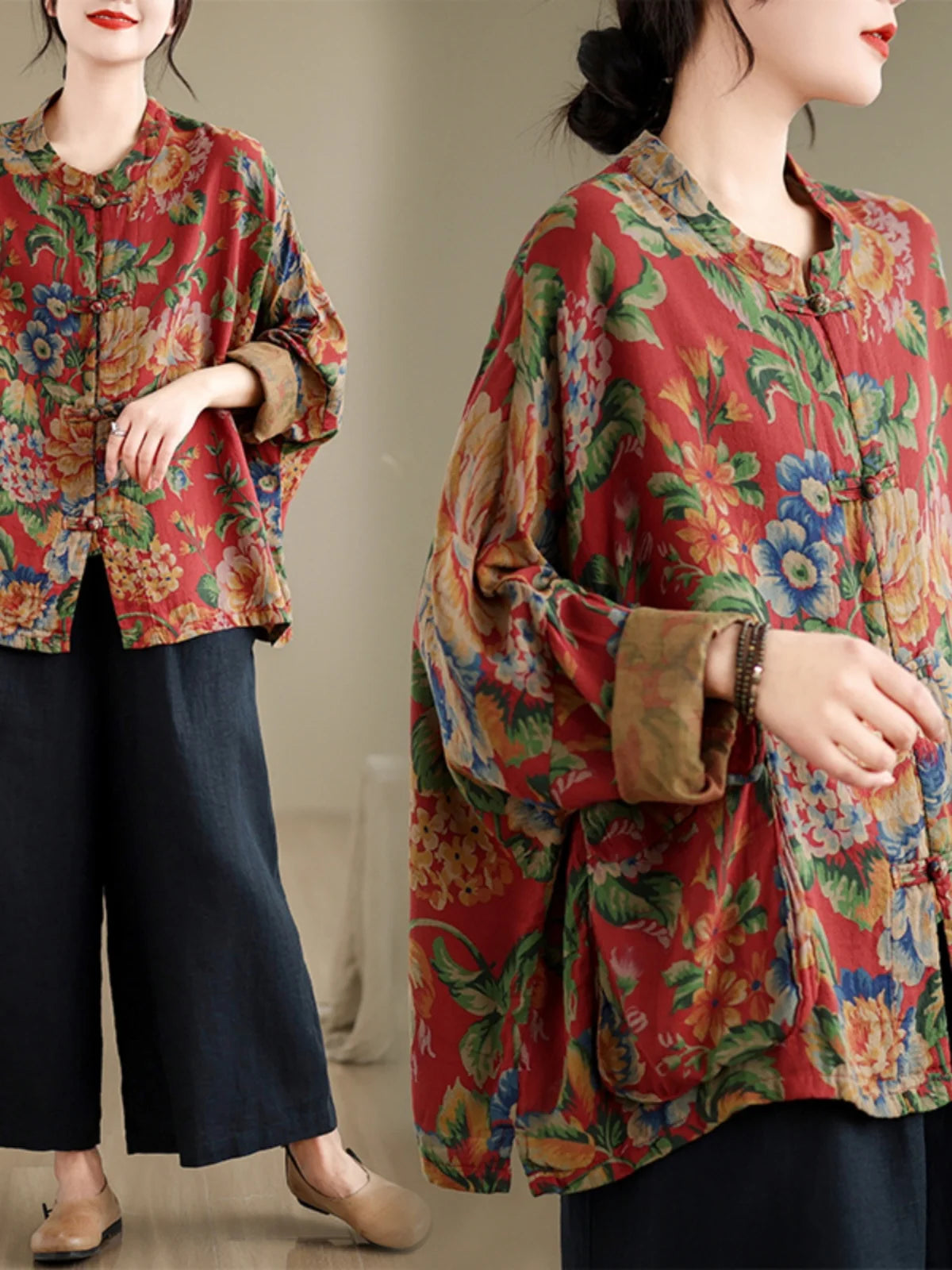 Vintage Cotton Linen Print Button up irt Women's Loose Fit Long Sve Top Tea Ceremony Outerwear Small  Outer Jaet