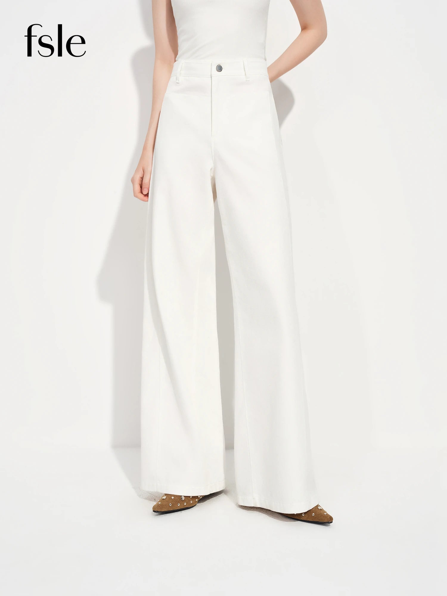 FSLE Women's Mid-waist Wide-leg Jeans Spring 2026 New Style Loose White Commuting All-match Basics Solid Simple Ins