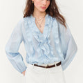 FSLE 2026 Summer New Women's French Style V-Neck Ruffle Blouse Lightweight Sheer Hem Top for Coquette Vacation Chic Daily Style