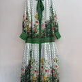 Retro spring women's new geometric printing single-breasted long-sleeved loose dress fashion lace waist swing A-shaped dress
