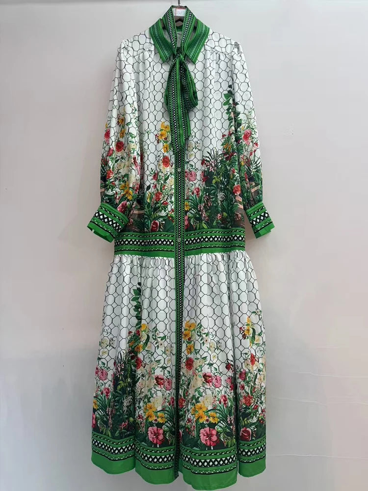 Retro spring women's new geometric printing single-breasted long-sleeved loose dress fashion lace waist swing A-shaped dress