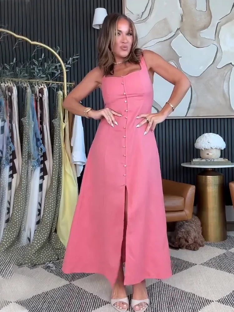 HH Women Summer Beach Party Midi Dress Sleeveless Single-breasted Square Collar Hem Slit Back Zipper Elegant Female Dress
