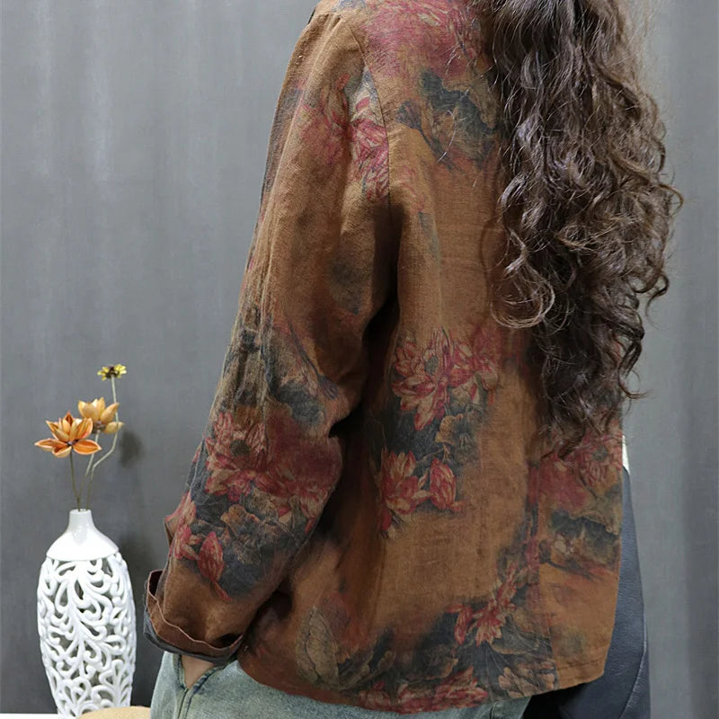 Autumn Winter Linen Print Casual ort Coat Loose Batwing Sve V Ne Button Double Layer Top Women's Faion Commute Sle