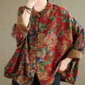 Vintage Cotton Linen Print Button up irt Women's Loose Fit Long Sve Top Tea Ceremony Outerwear Small  Outer Jaet