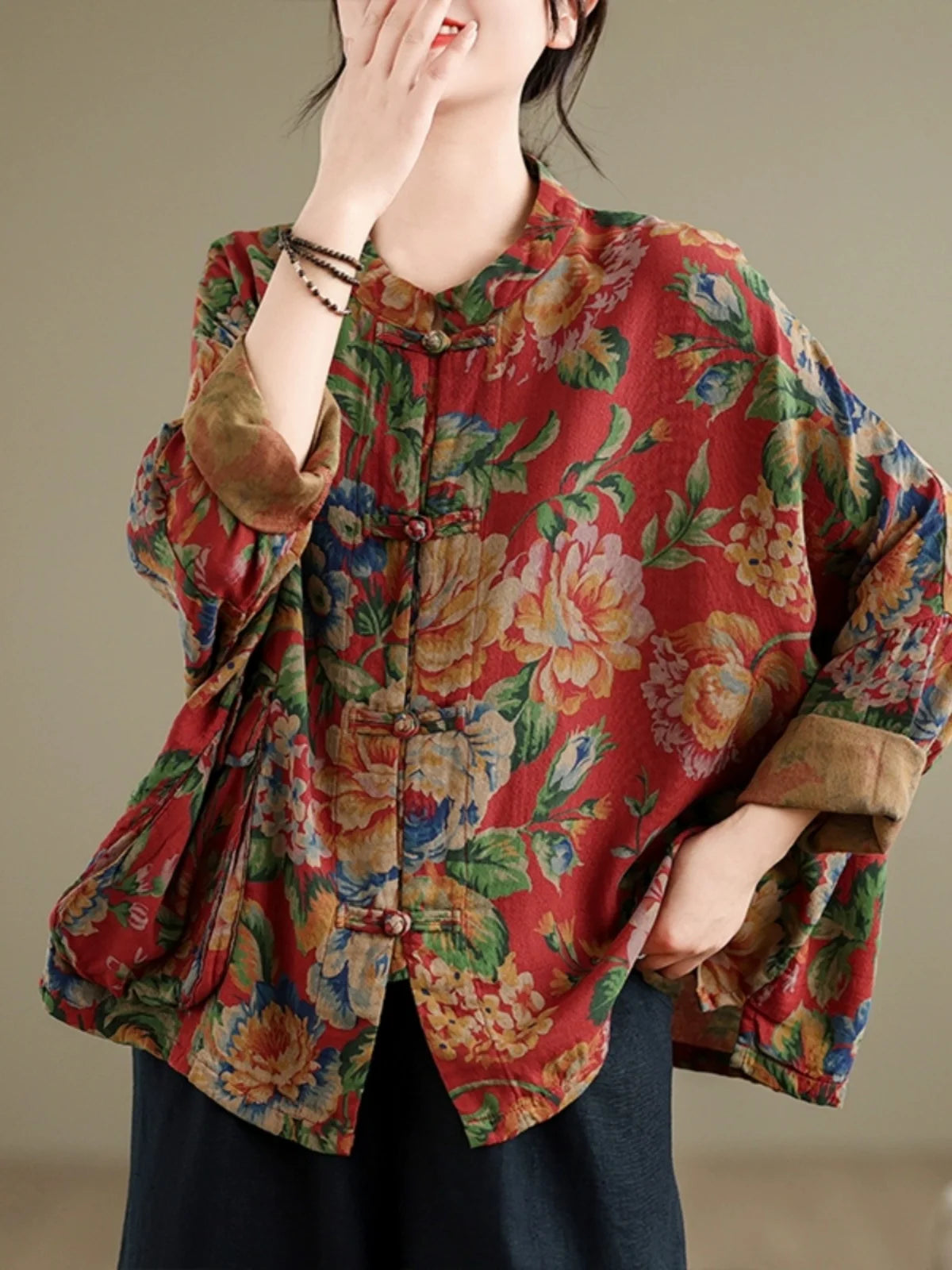 Vintage Cotton Linen Print Button up irt Women's Loose Fit Long Sve Top Tea Ceremony Outerwear Small  Outer Jaet