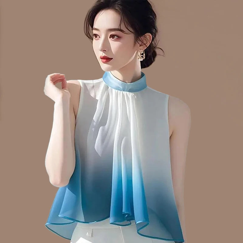 French Style Summer Vest Tops For Women Sleeveless Chiffon Blouse Stand Collar Gradient Color Casual Loose Shirt