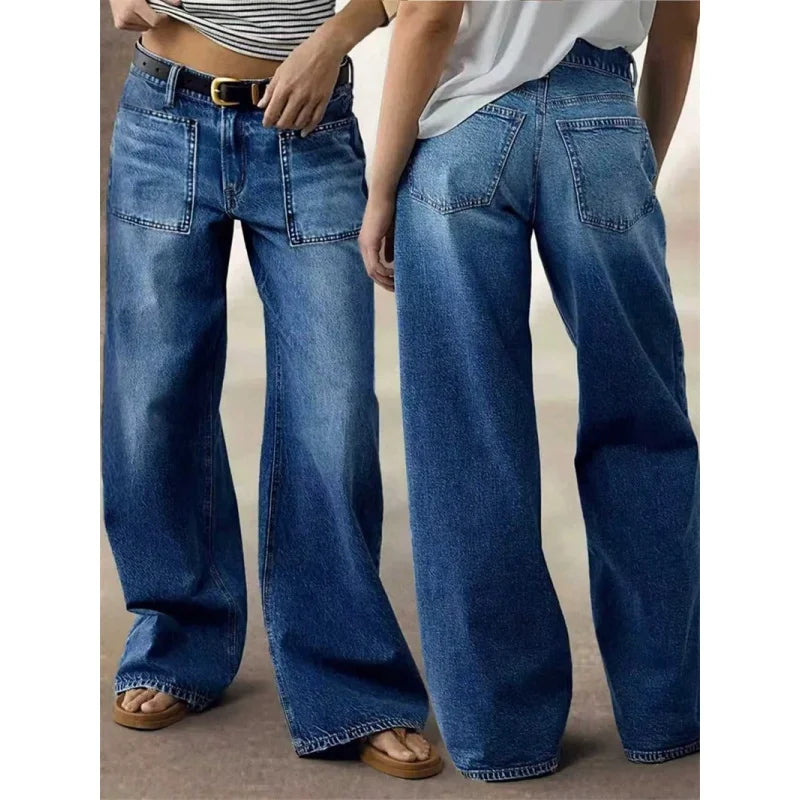 Women's Stretch Denim Jeans Elastic Straight Leg Wide Leg Casual Pants l Waist Cotton Elastic Denim Fabric Pure Color