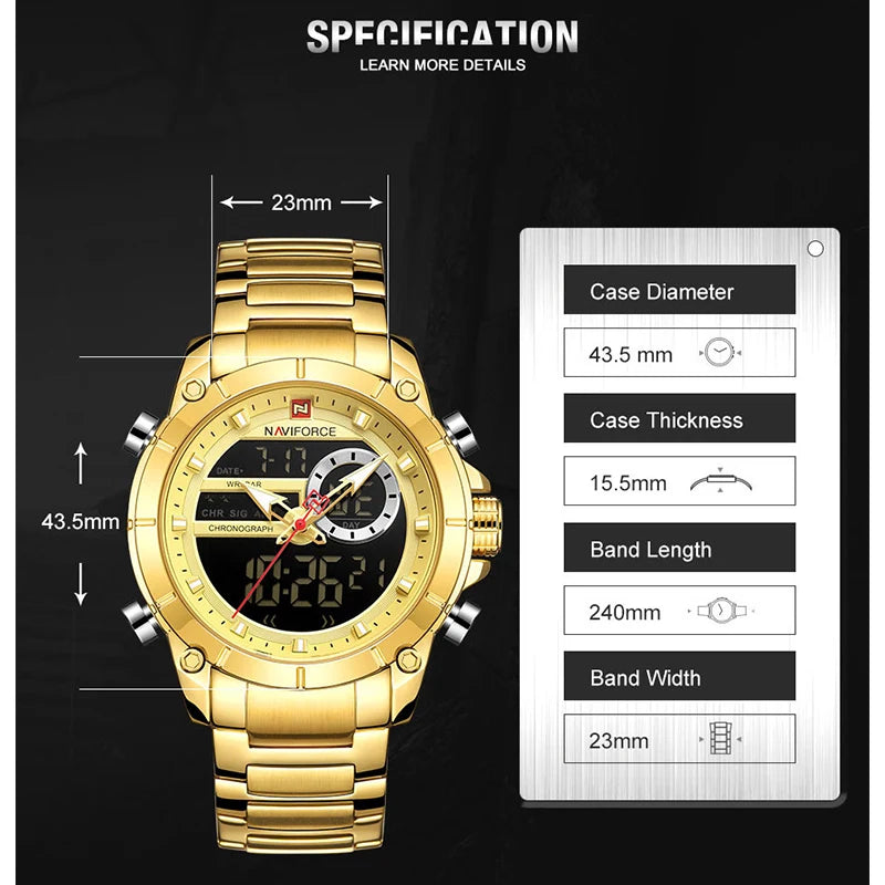 Luxury Brand NAVIFORCE Sport Watches For Men Fashion Gold Quartz WristWatch Steel Band Digital Chronograph Waterproof Clock 9163
